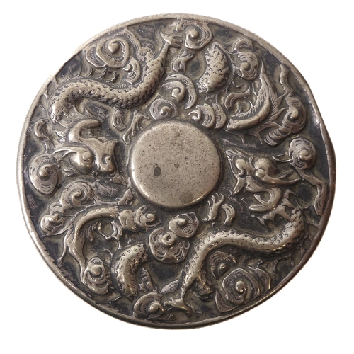 168 - Three Chinese silver circular boxes - by Wang Hing & Co., all repoussé decorated with long bodied dr... 