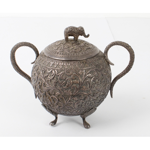 169 - An Indian silver covered twin handled sugar bowl - late 19th / early 20th century, impressed mark to... 