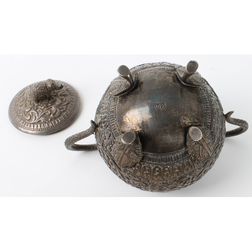 169 - An Indian silver covered twin handled sugar bowl - late 19th / early 20th century, impressed mark to... 