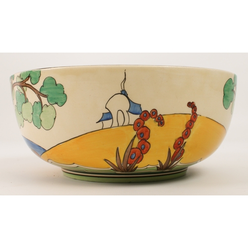 17 - A Clarice Cliff 'Bridgewater' (Green) circular bowl - 1930s, painted with green trees, blue roofed c... 