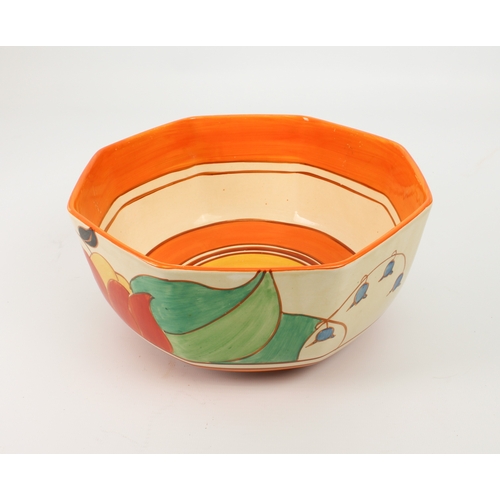 18 - A Clarice Cliff 'Tulip' octagonal bowl - c.1931, painted with red tulips and blue harebells above bl... 