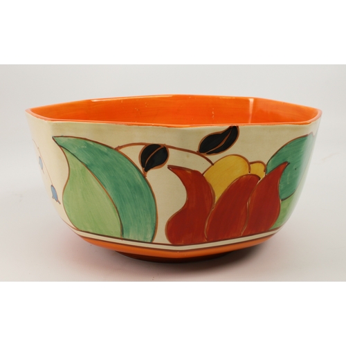 18 - A Clarice Cliff 'Tulip' octagonal bowl - c.1931, painted with red tulips and blue harebells above bl... 