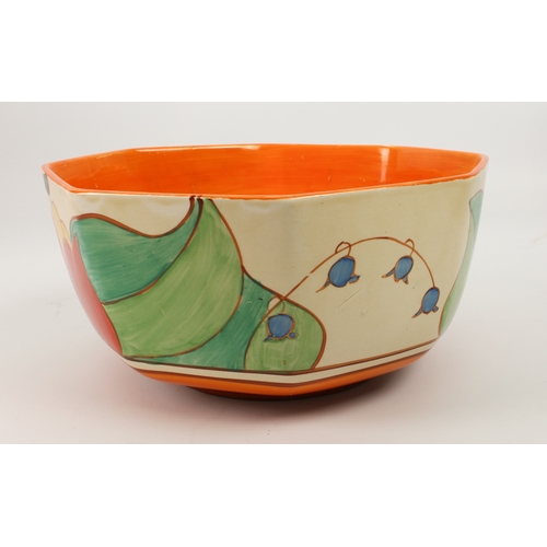 18 - A Clarice Cliff 'Tulip' octagonal bowl - c.1931, painted with red tulips and blue harebells above bl... 