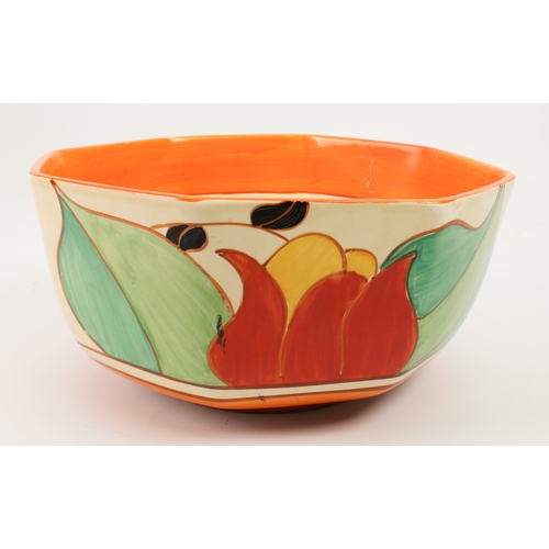 18 - A Clarice Cliff 'Tulip' octagonal bowl - c.1931, painted with red tulips and blue harebells above bl... 