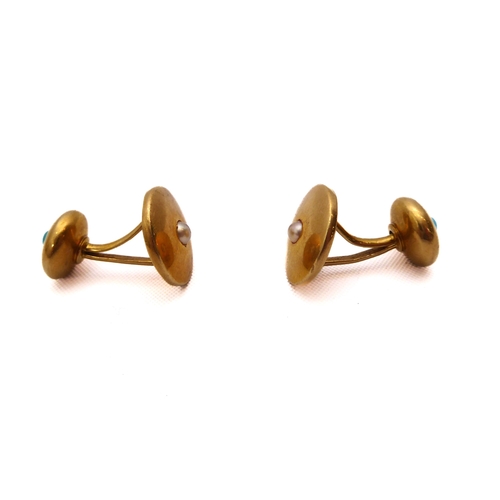 181 - A cased pair of late-Victorian 18ct gold, turquoise and seed pearl cufflinks - stamped '18', engrave... 