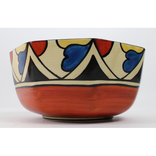 19 - A Clarice Cliff 'Double V' octagonal bowl - painted with blue, brown and pale yellow stylised leaves... 