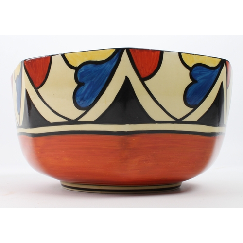 19 - A Clarice Cliff 'Double V' octagonal bowl - painted with blue, brown and pale yellow stylised leaves... 