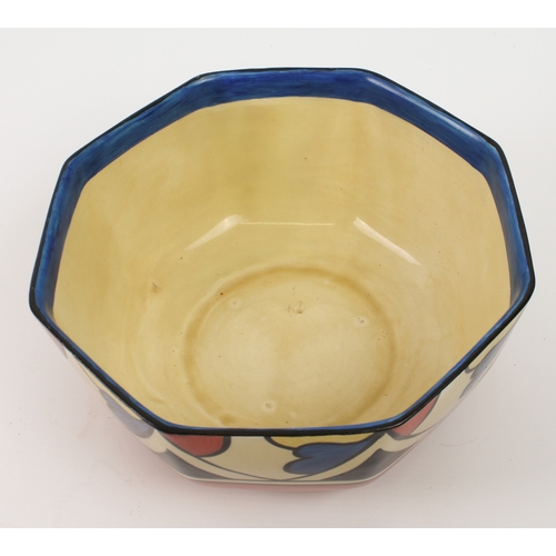 19 - A Clarice Cliff 'Double V' octagonal bowl - painted with blue, brown and pale yellow stylised leaves... 