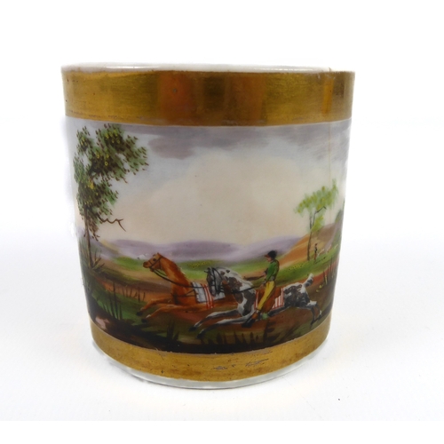 2 - A 19th century Continental porcelain cabinet coffee can - painted with racehorses in a landscape on ... 