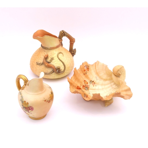 22 - Three pieces of Royal Worcester blush ivory porcelain - comprising a shape 1714 jug with basket weav... 