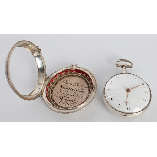 256 - Isaac Rogers of London: a George III silver pair cased verge fusee open face pocket watch - the case... 