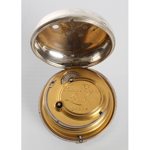 256 - Isaac Rogers of London: a George III silver pair cased verge fusee open face pocket watch - the case... 