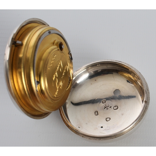 256 - Isaac Rogers of London: a George III silver pair cased verge fusee open face pocket watch - the case... 