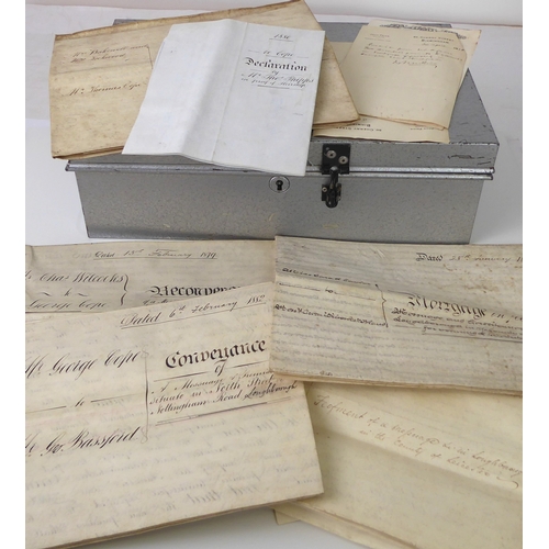 269 - A deed box containing five indentures on vellum:
 1. 1832 Feoffment of a Messuage in Loughborough (M... 