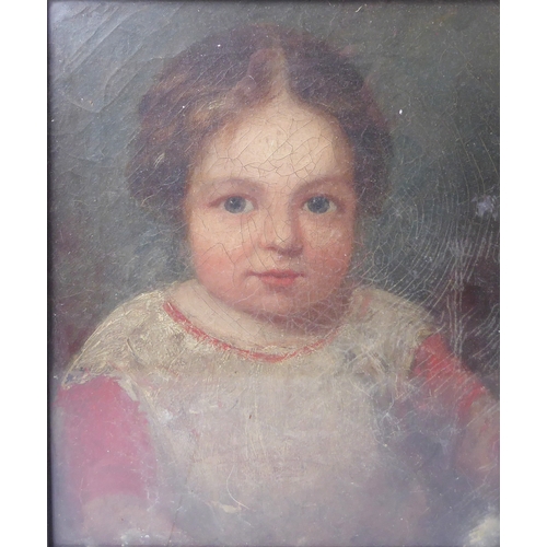 281 - English School (mid-19th century)
 Portrait of a young girl, half length, in a red and white short s... 