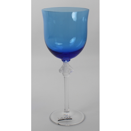 44 - A set of six Lalique Roxane coloured wine glasses - comprising four differently coloured and two cle... 