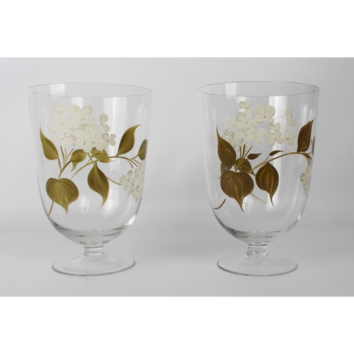 48 - A pair of hand-painted glass pedestal vases - second half 20th century, the round funnel bowls paint... 