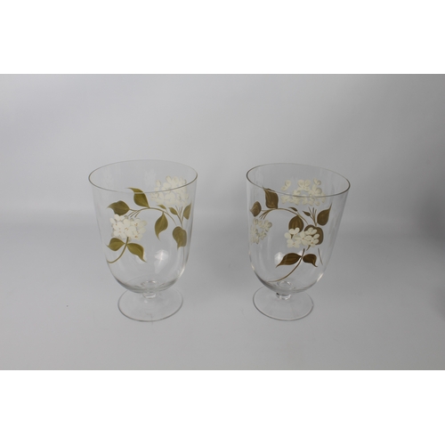 48 - A pair of hand-painted glass pedestal vases - second half 20th century, the round funnel bowls paint... 