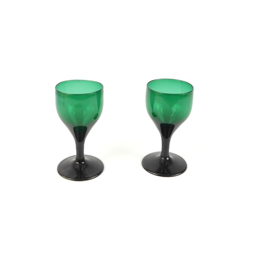 51 - Five modern Bristol-blue goblets or rummers and a pair of Bristol-green glass wines, tallest 14 cm h... 