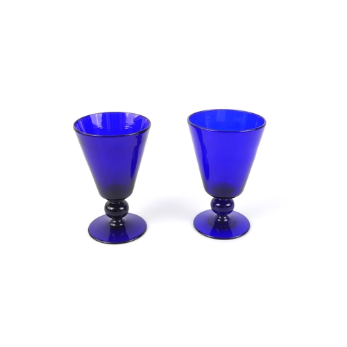 51 - Five modern Bristol-blue goblets or rummers and a pair of Bristol-green glass wines, tallest 14 cm h... 