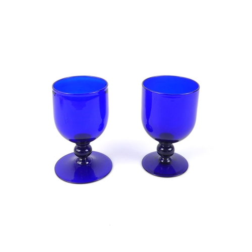 51 - Five modern Bristol-blue goblets or rummers and a pair of Bristol-green glass wines, tallest 14 cm h... 