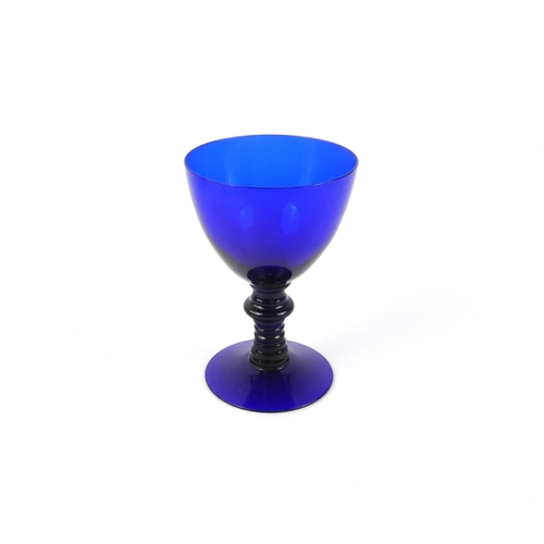 51 - Five modern Bristol-blue goblets or rummers and a pair of Bristol-green glass wines, tallest 14 cm h... 