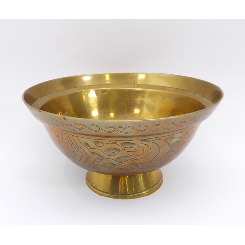 57 - A Chinese bell metal bowl - first half 20th century, with stepped rim and conical foot, chased with ... 