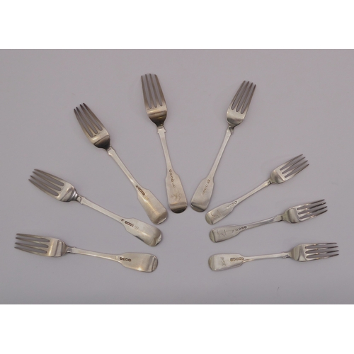 93 - Five 19th century silver fiddle pattern table forks - including a pair by Robert Williams, Exeter 18... 