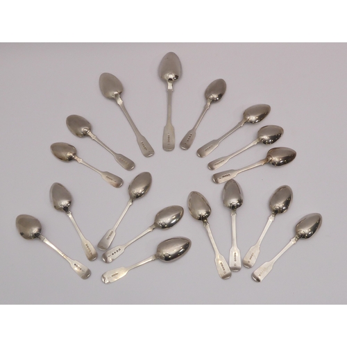 95 - Fourteen 19th century silver fiddle pattern dessert spoons - Georgian and Victorian, various makers ... 