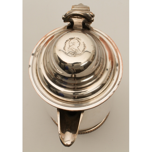 98 - An early 19th century silver-plated copper baluster tankard - hinged dome lid with inset George III ... 