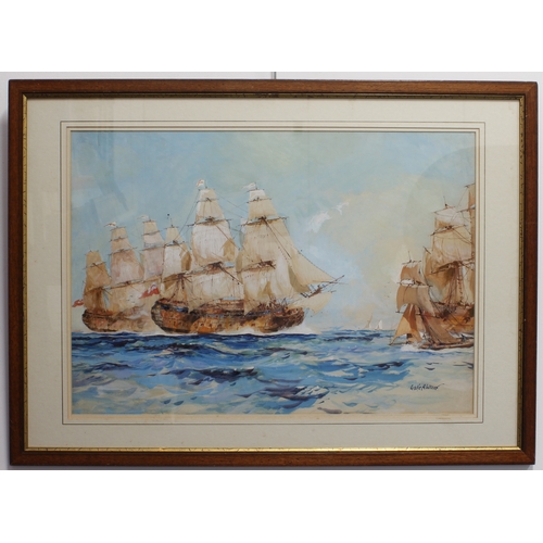 313 - **Leslie Arthur Wilcox RI RSMA
 Ships of the line in full sail
 watercolour and gouache, signed
 20 ... 