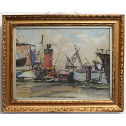 323 - Modern Continental School
 Busy docks scene
 pastel
 16¾ x 22¾ in (42.5 x 57.5 cm); frame size 56 x ... 