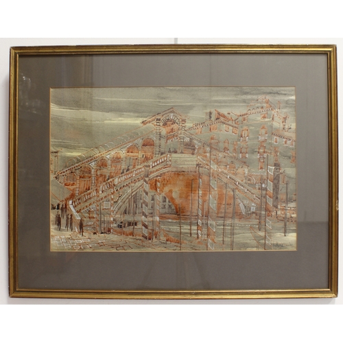 324 - John Talbot Hicks (1926-1991) 
 The Rialto Bridge, Venice
 mixed media, indistinctly signed and date... 