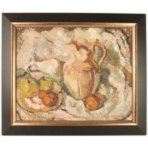 341 - A * Mackay (Modern Scottish School)
 Still life with fruit and a jug
 oil on board, signed
 16 x 20 ... 