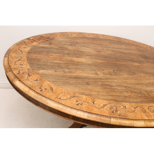 432 - A good quality mid-19th century rosewood, kingwood and marquetry oval tilt-top breakfast table - req... 