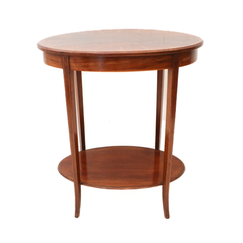 457 - An Edwardian mahogany and marquetry oval two-tier occasional table - the flame mahogany top with a s... 