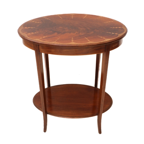 457 - An Edwardian mahogany and marquetry oval two-tier occasional table - the flame mahogany top with a s... 