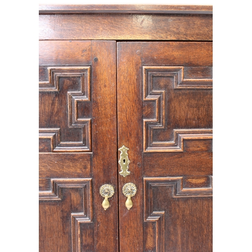 470 - A 19th century panelled oak cabinet on stand - the chamfered top over a pair of geometric mitre pane... 