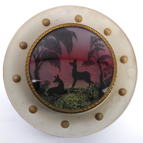 543 - A vintage kitsch 1950s retro light-up wall plaque with deer and sunset landscape - the silhouetted d... 