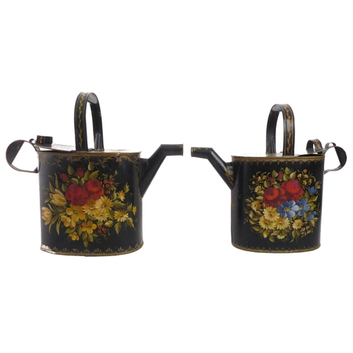 581 - A well-matched graduated pair of Bargeware / toleware painted water cans - late 19th / early 20th ce... 