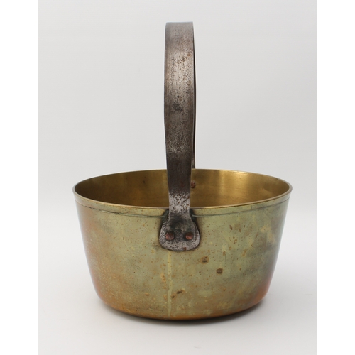 585 - A 19th century brass and wrought iron preserve pan - the hooped iron handle with copper rivetted fix... 