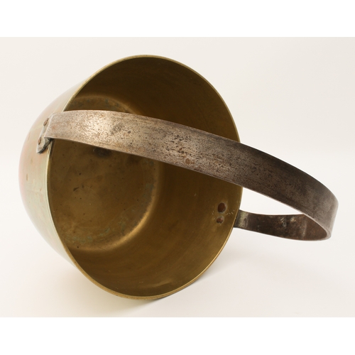 585 - A 19th century brass and wrought iron preserve pan - the hooped iron handle with copper rivetted fix... 