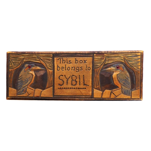 603 - An Arts and Crafts hand painted pen box - decorated with kingfishers and signed by Sybil Burnaby (bo... 