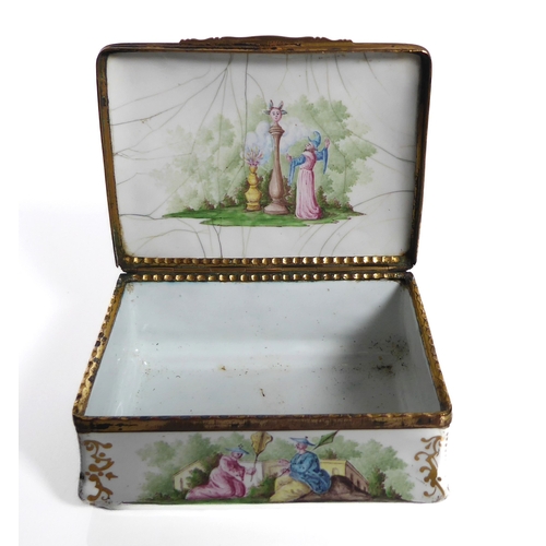 605 - An 18th century enamel box depicting a Chinese scene.