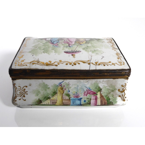 605 - An 18th century enamel box depicting a Chinese scene.