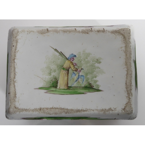 605 - An 18th century enamel box depicting a Chinese scene.