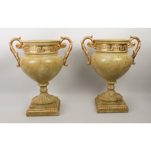 616 - A pair of classical-style urns - modern, moulded resin, painted to imitate marble, the ovoid urns wi... 