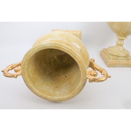 616 - A pair of classical-style urns - modern, moulded resin, painted to imitate marble, the ovoid urns wi... 