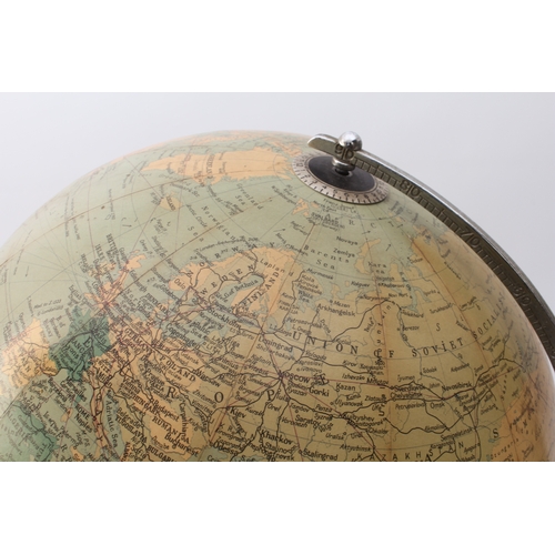 639 - A 1950s Philips Challenge table globe - scale 1:37,500,000, 13½ in diameter, on a chrome meridian ar... 