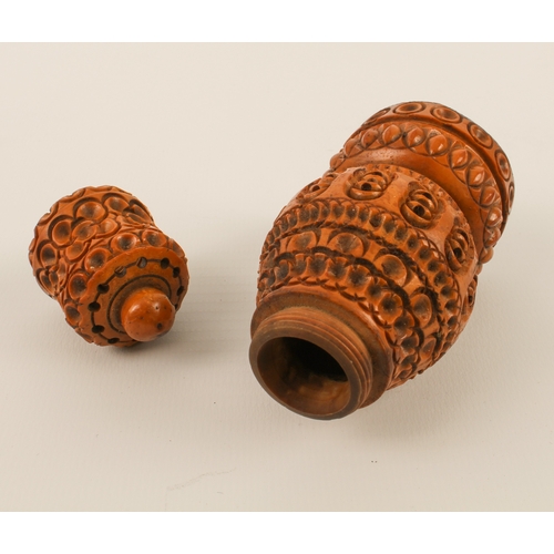 649 - A treen barrel tap 18 cm), horn knife (20 cm) and a carved and turned coquilla nut pepper caster (10... 